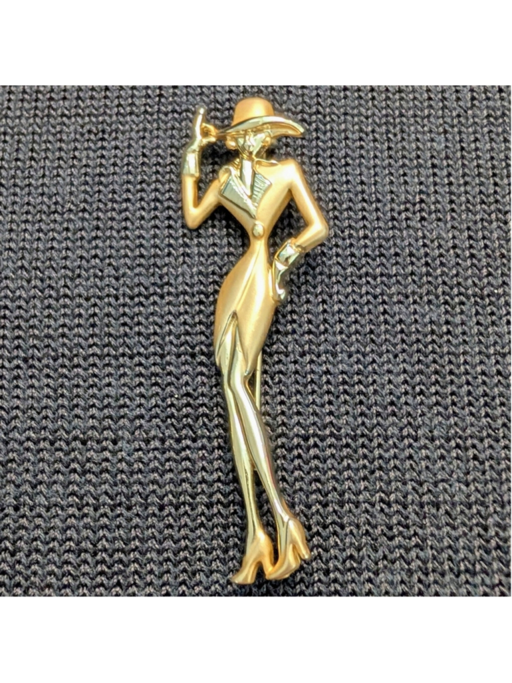 Vtg AJC Goldtone Brooch Figural Stylish Woman Lady Shoulder Pads Fedora Brooched